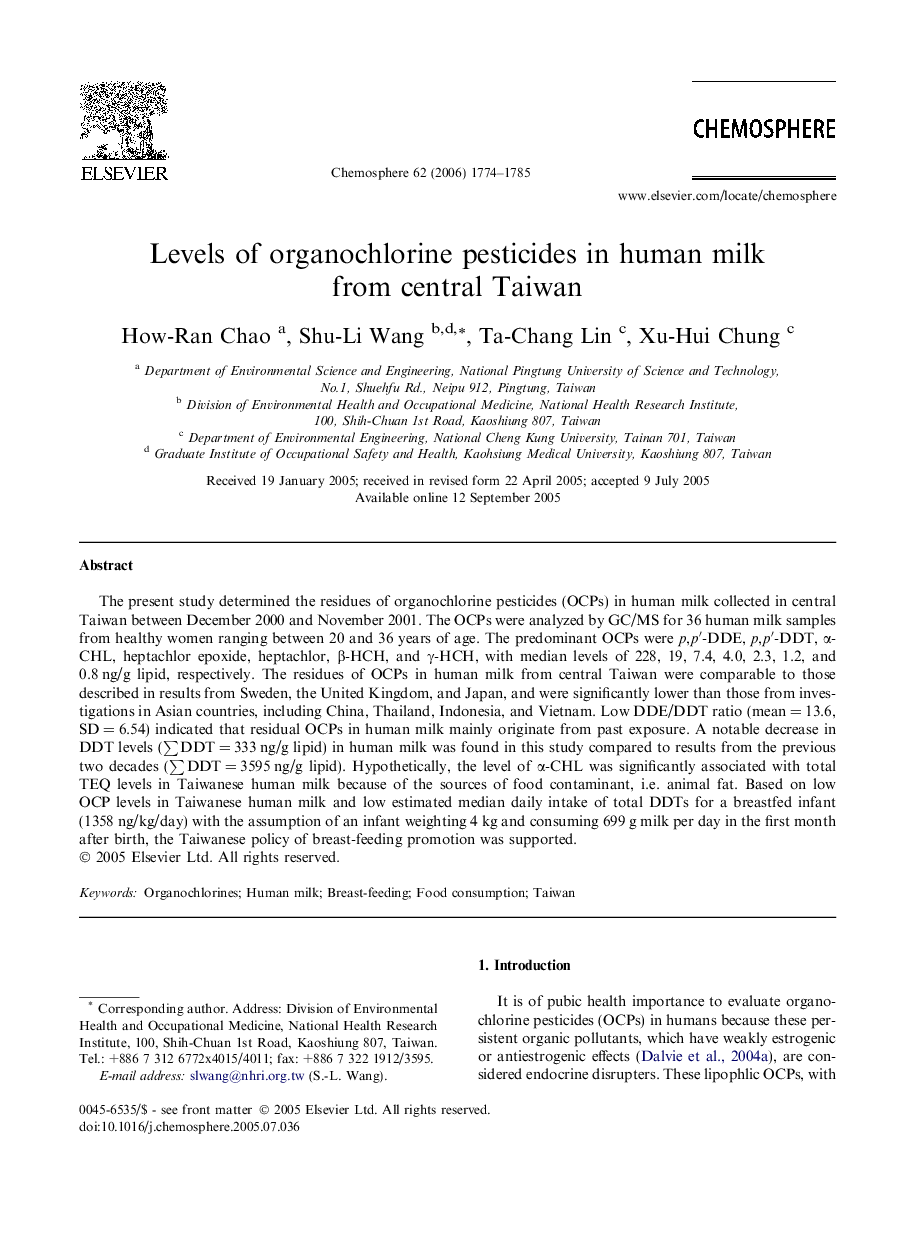 Levels of organochlorine pesticides in human milk from central Taiwan