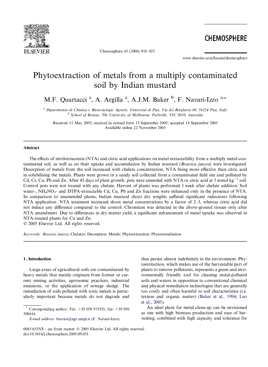 عکس صفحه اول مقاله: Phytoextraction of metals from a multiply contaminated soil by Indian mustard Phytoextraction of metals from a multiply contaminated soil by Indian mustard