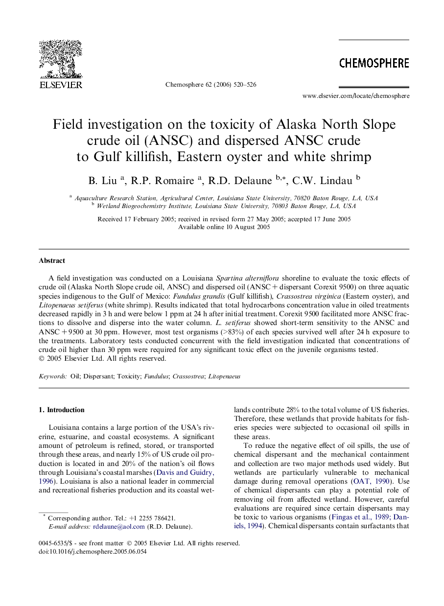 Field investigation on the toxicity of Alaska North Slope crude oil (ANSC) and dispersed ANSC crude to Gulf killifish, Eastern oyster and white shrimp