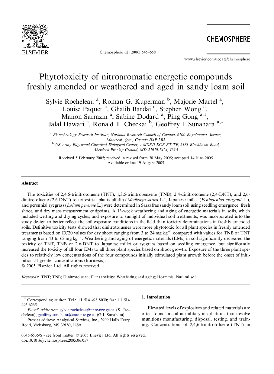 Phytotoxicity of nitroaromatic energetic compounds freshly amended or weathered and aged in sandy loam soil