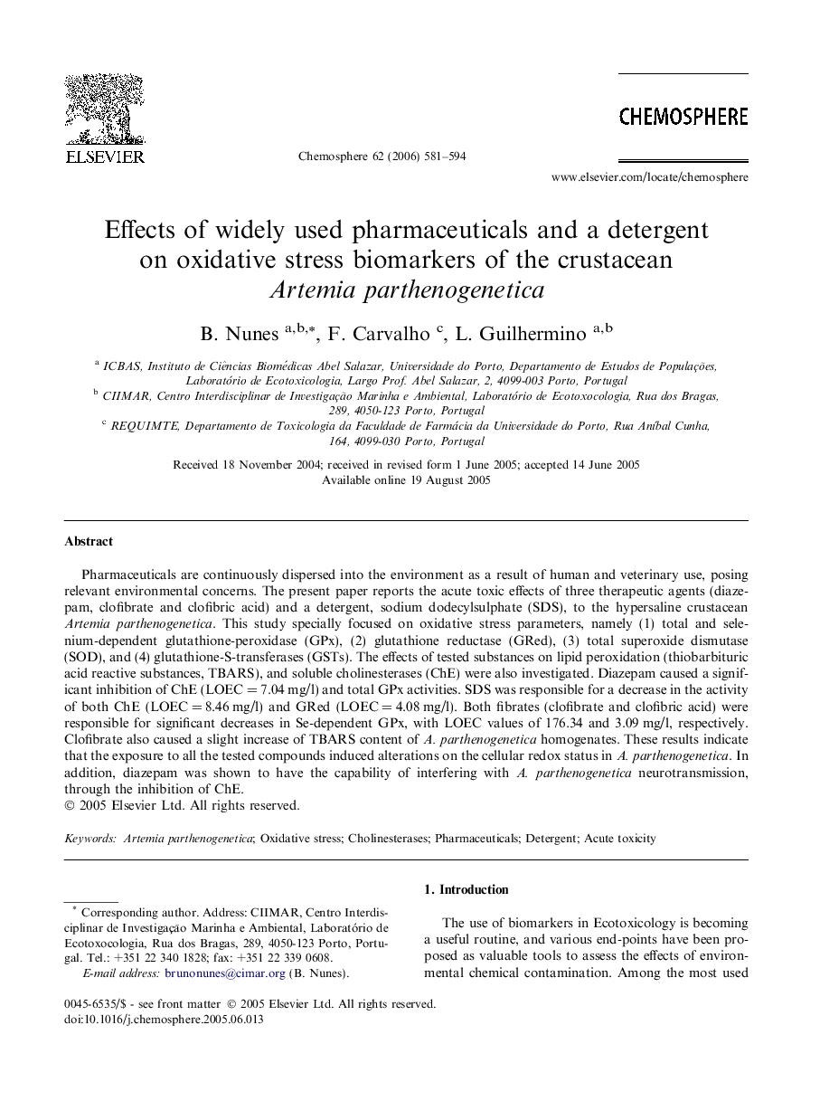 Effects of widely used pharmaceuticals and a detergent on oxidative stress biomarkers of the crustacean Artemia parthenogenetica