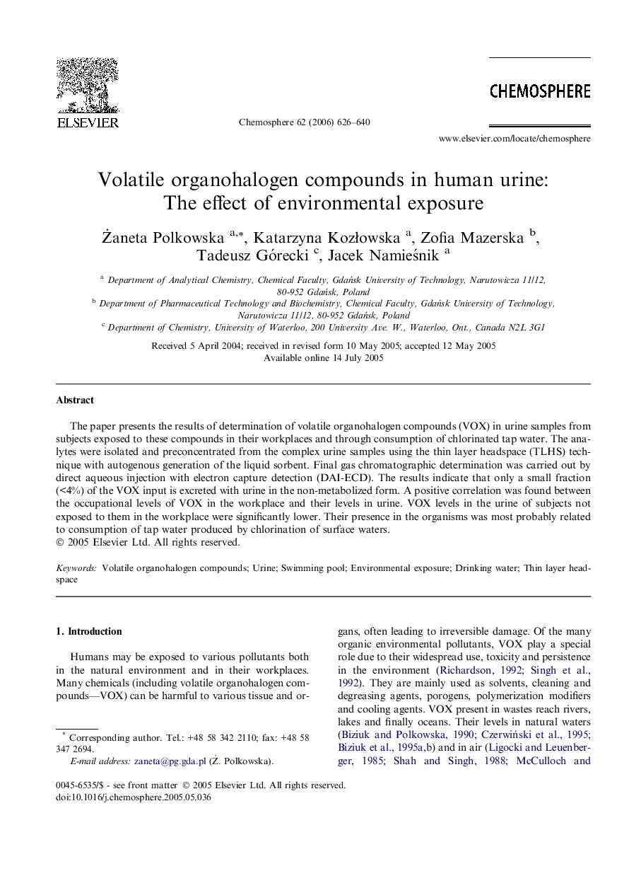 Volatile organohalogen compounds in human urine: The effect of environmental exposure