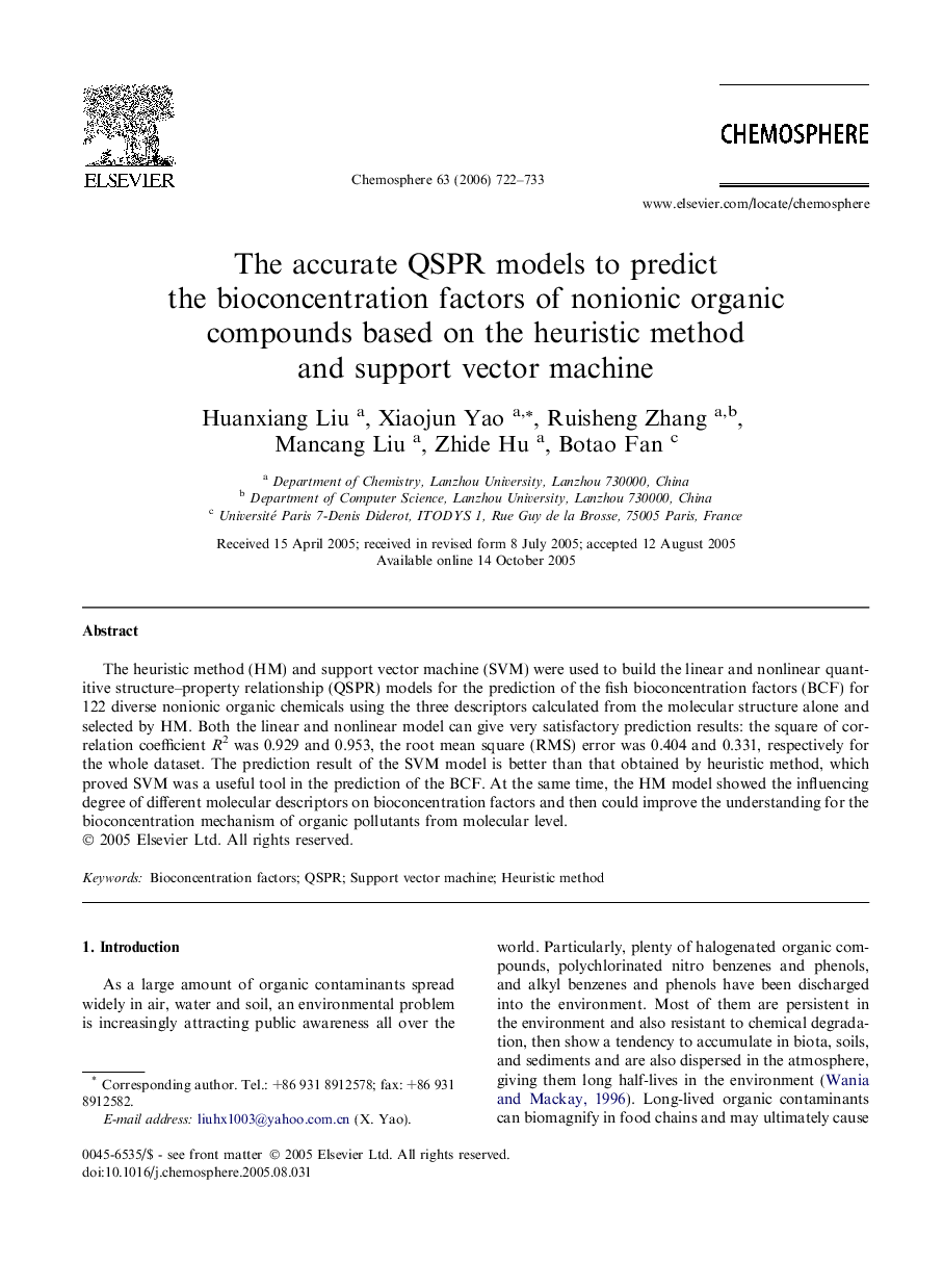 The accurate QSPR models to predict the bioconcentration factors of nonionic organic compounds based on the heuristic method and support vector machine