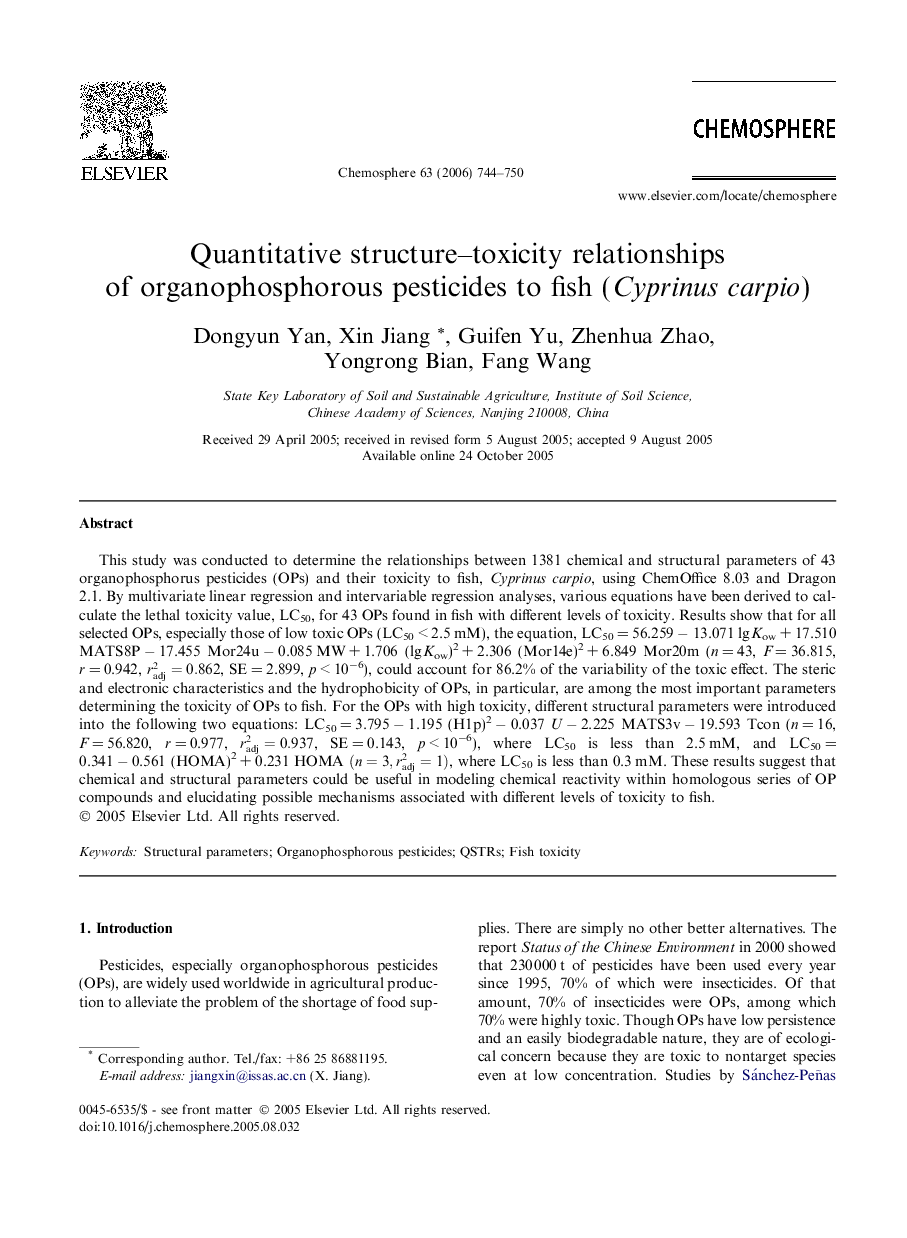 Quantitative structure–toxicity relationships of organophosphorous pesticides to fish (Cyprinus carpio)