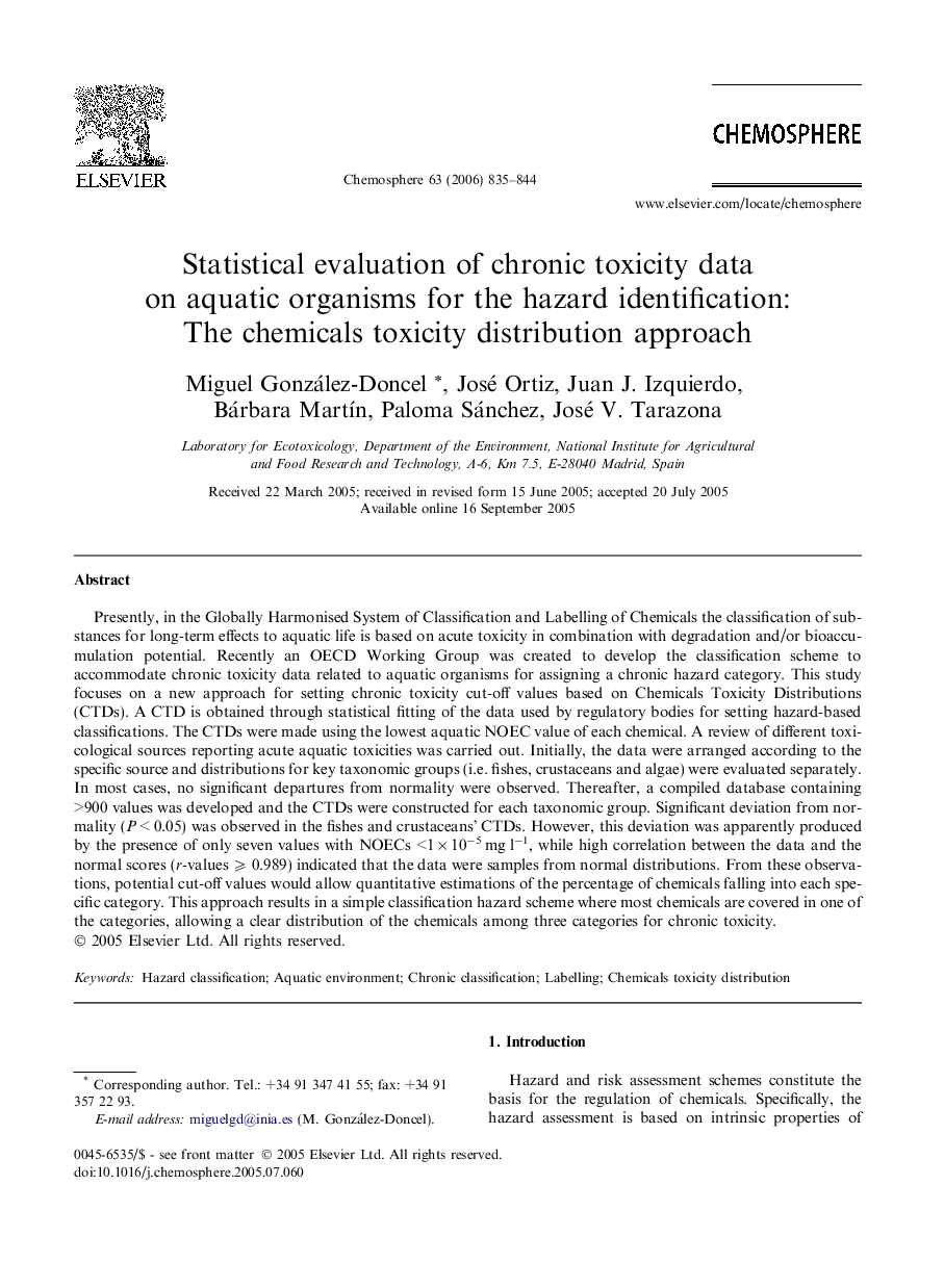 Statistical evaluation of chronic toxicity data on aquatic organisms for the hazard identification: The chemicals toxicity distribution approach