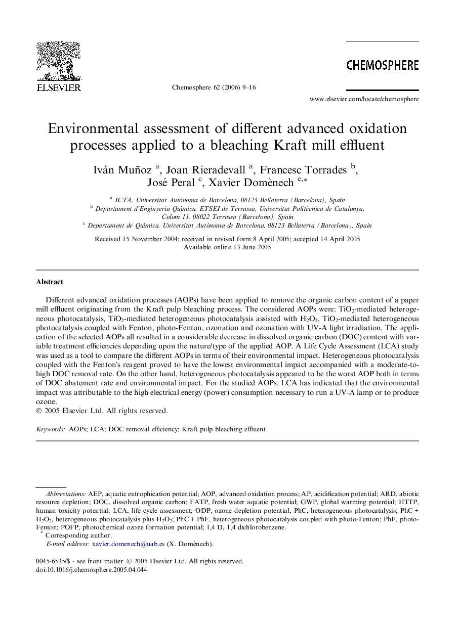 Environmental assessment of different advanced oxidation processes applied to a bleaching Kraft mill effluent