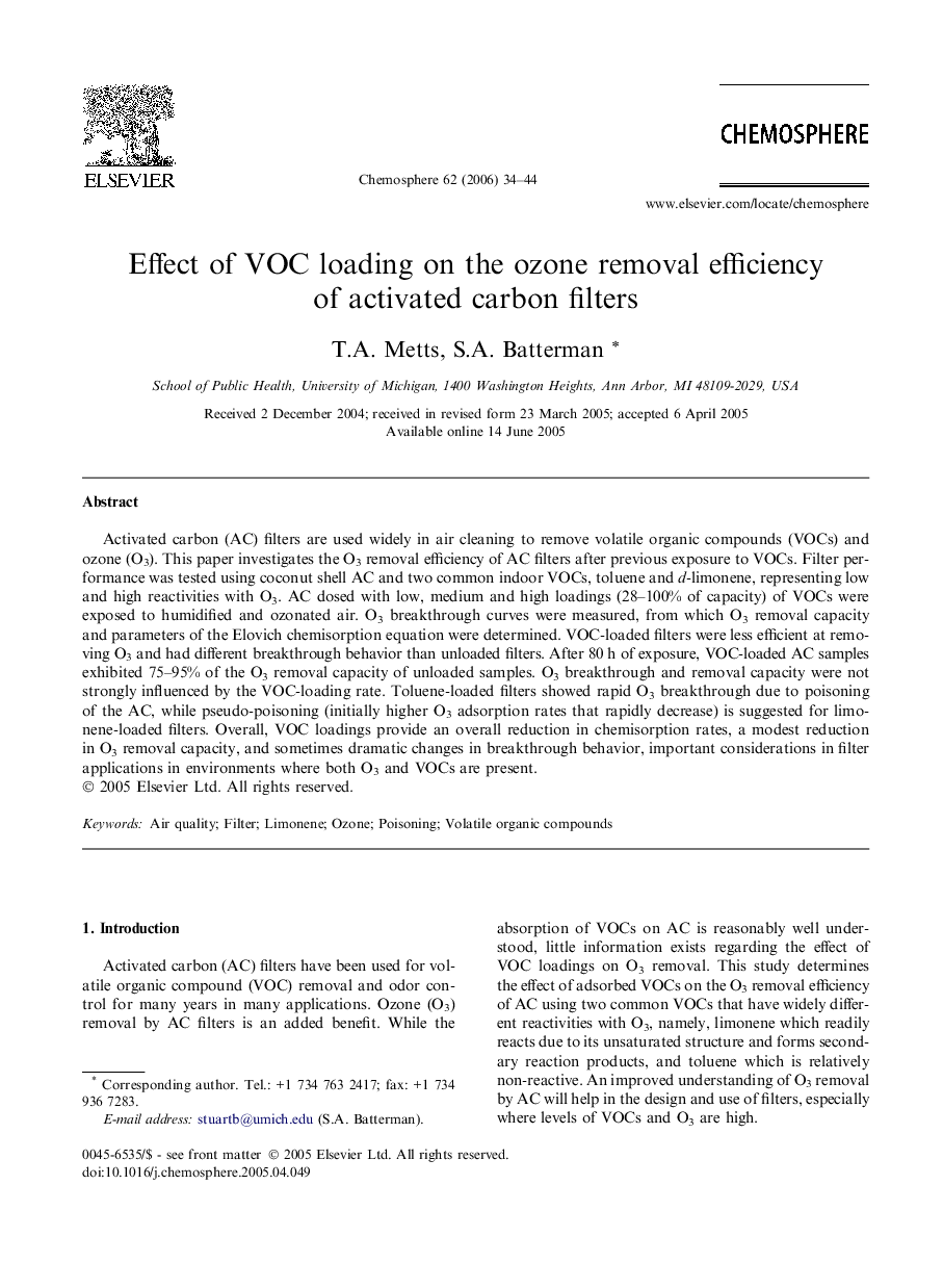 Effect of VOC loading on the ozone removal efficiency of activated carbon filters