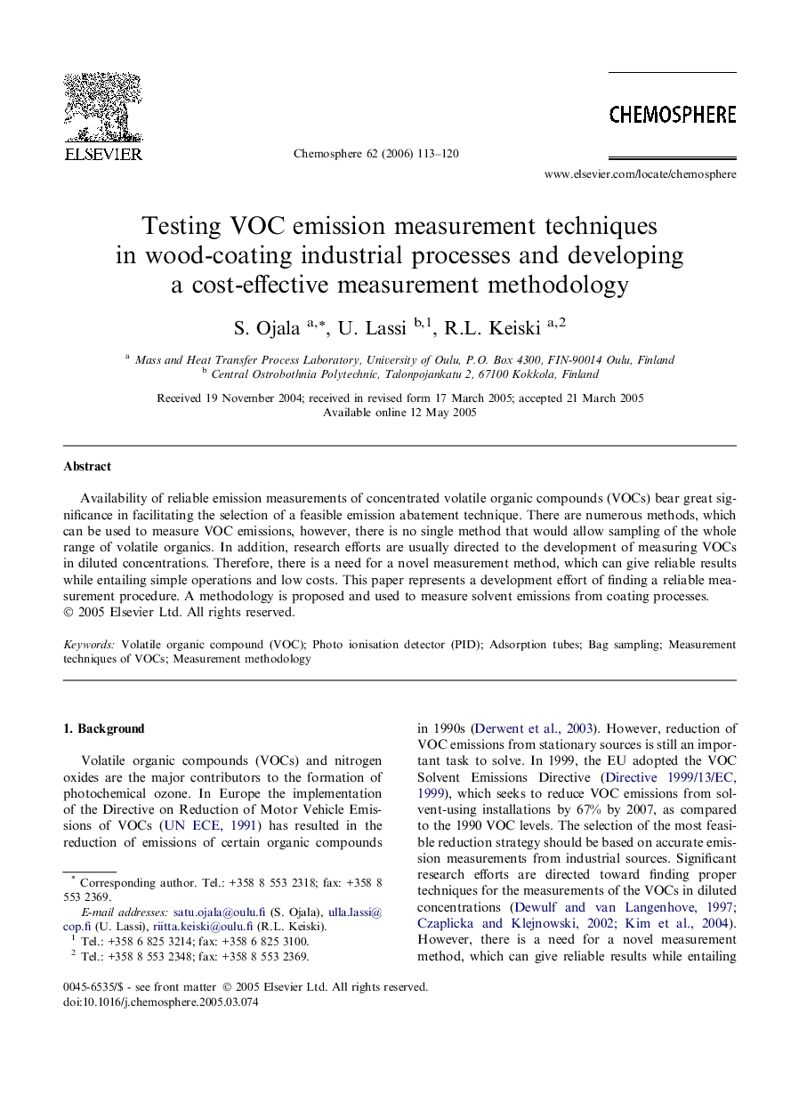 Testing VOC emission measurement techniques in wood-coating industrial processes and developing a cost-effective measurement methodology