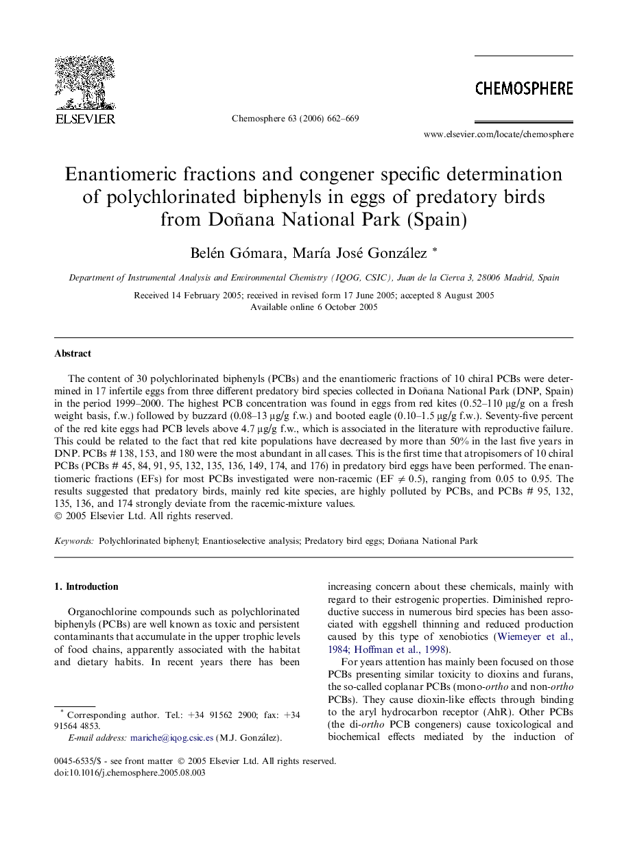 Enantiomeric fractions and congener specific determination of polychlorinated biphenyls in eggs of predatory birds from Doñana National Park (Spain)