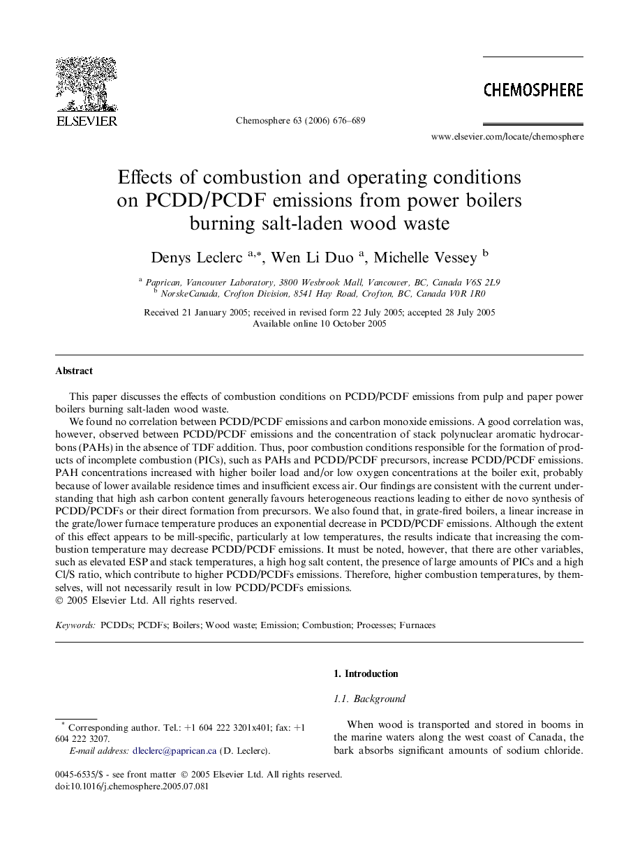 Effects of combustion and operating conditions on PCDD/PCDF emissions from power boilers burning salt-laden wood waste