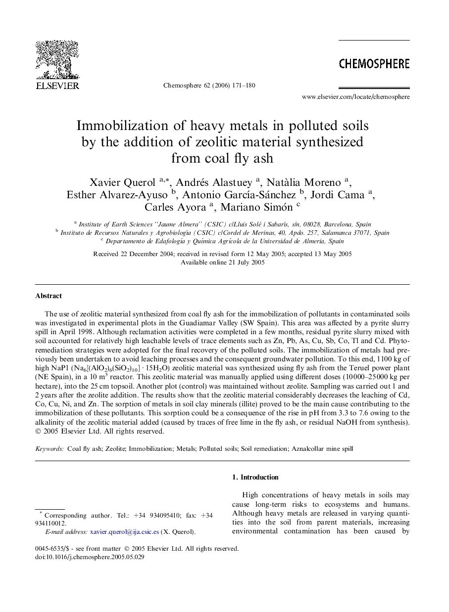 Immobilization of heavy metals in polluted soils by the addition of zeolitic material synthesized from coal fly ash