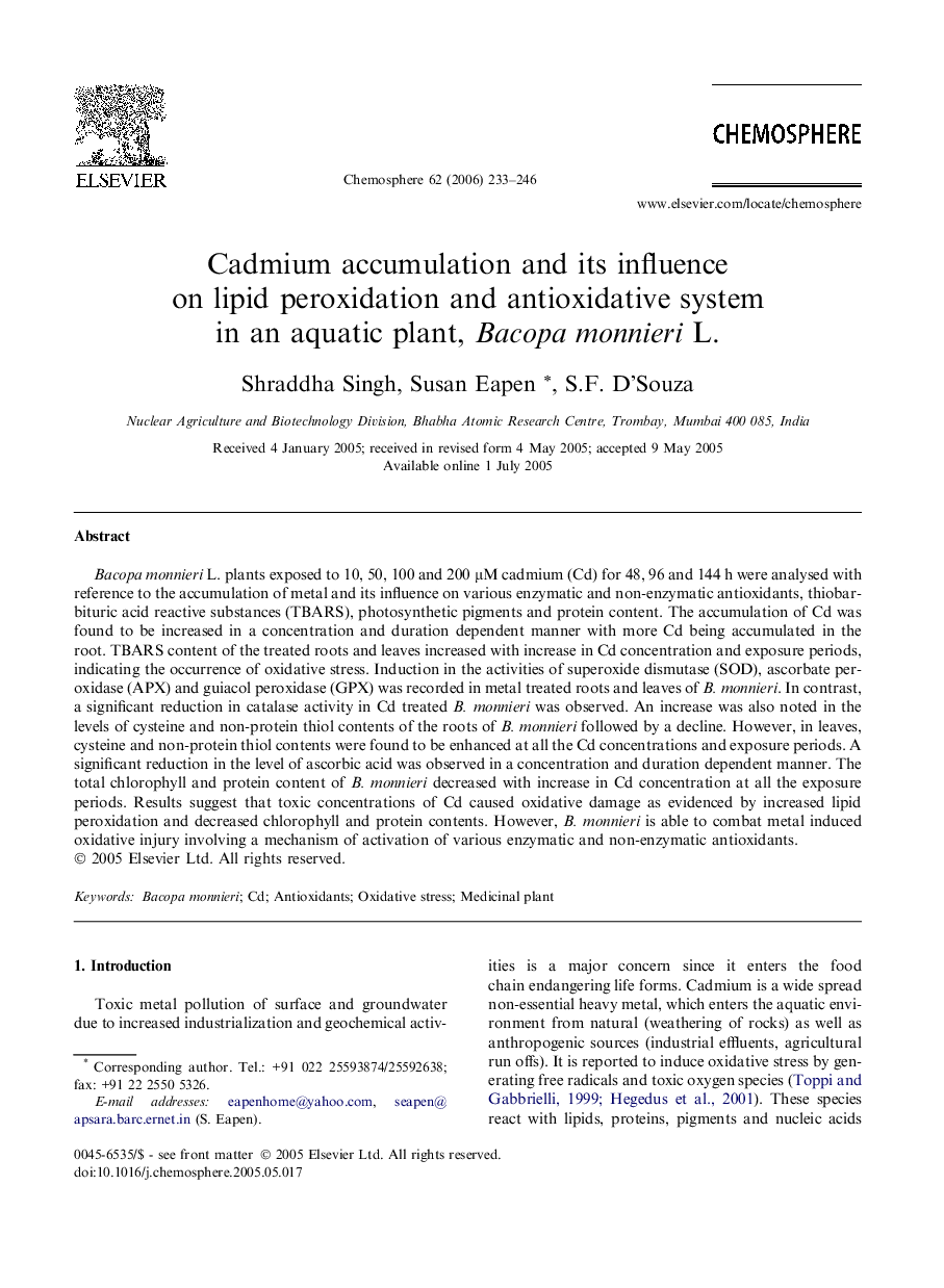 Cadmium accumulation and its influence on lipid peroxidation and antioxidative system in an aquatic plant, Bacopa monnieri L.