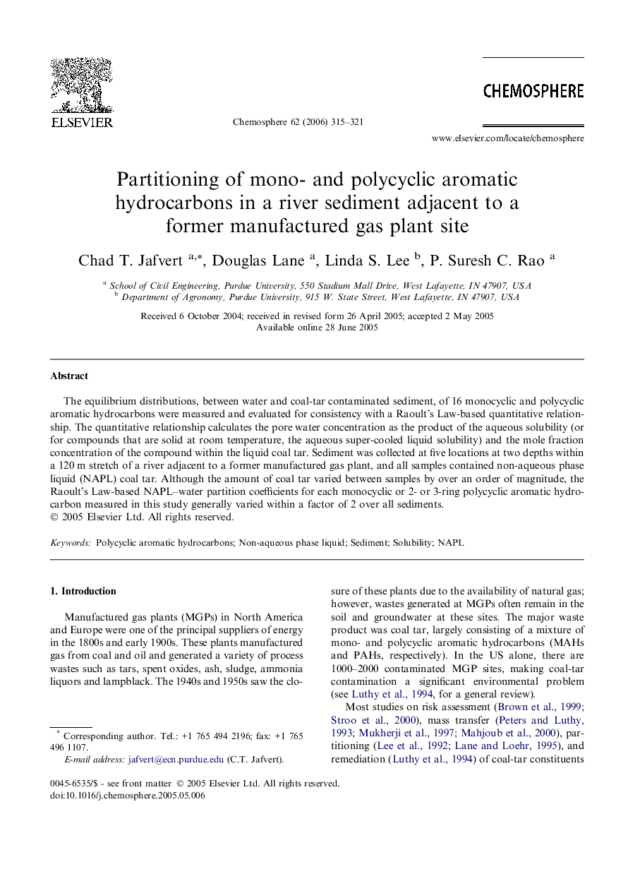 Partitioning of mono- and polycyclic aromatic hydrocarbons in a river sediment adjacent to a former manufactured gas plant site