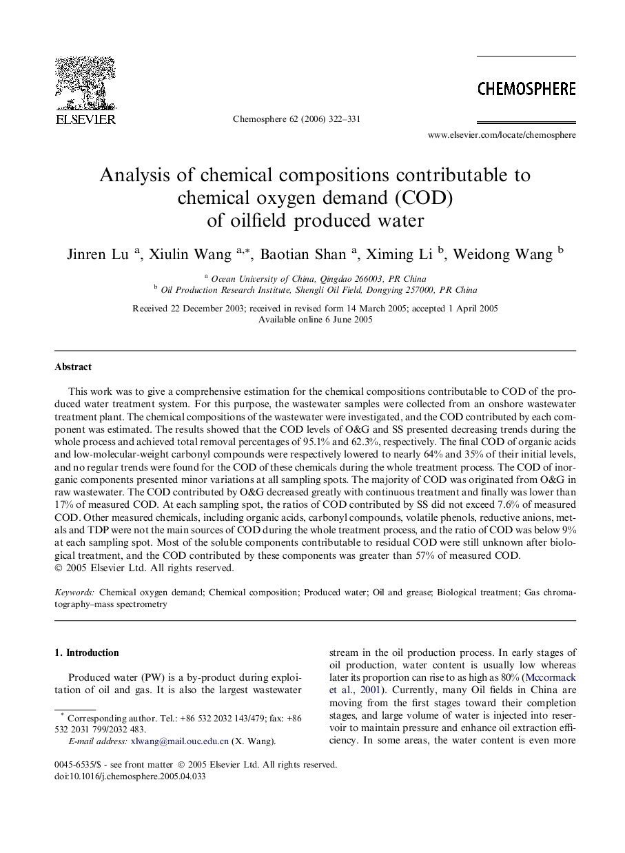 Analysis of chemical compositions contributable to chemical oxygen demand (COD) of oilfield produced water