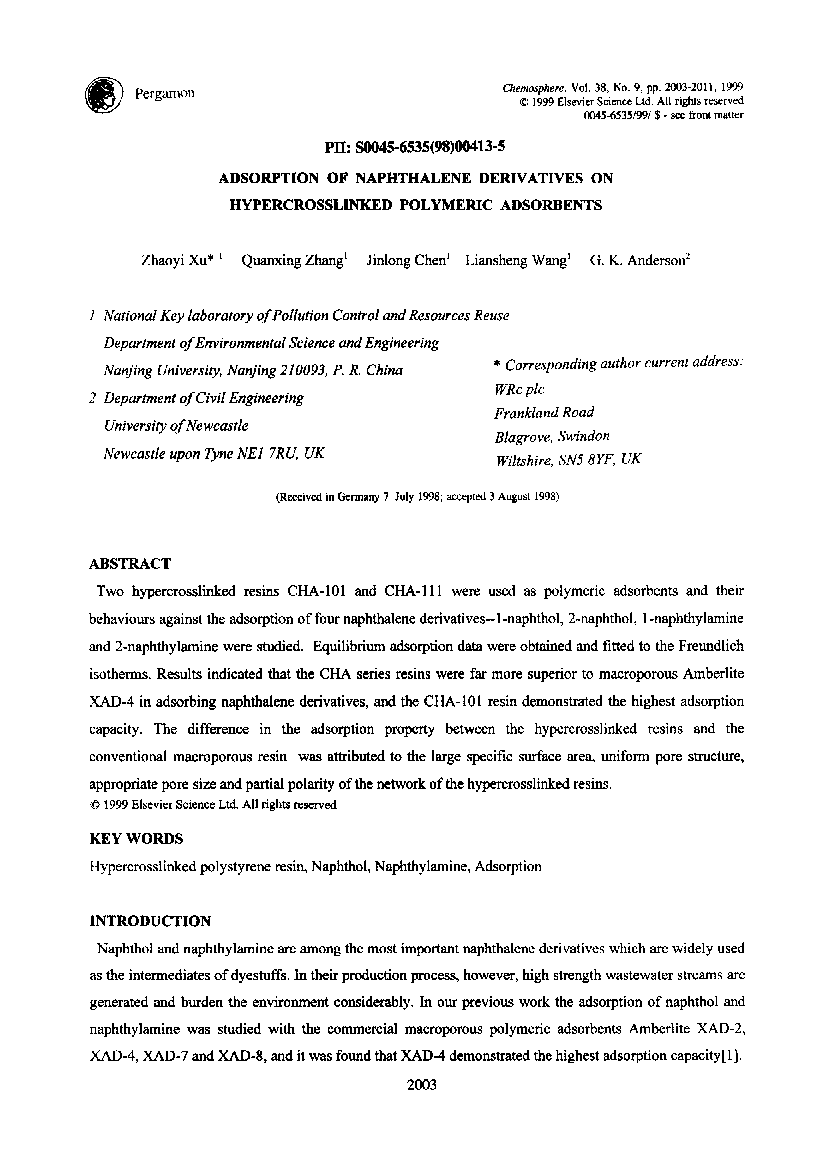 Adsorption of naphthalene derivatives on hypercrosslinked polymeric adsorbents