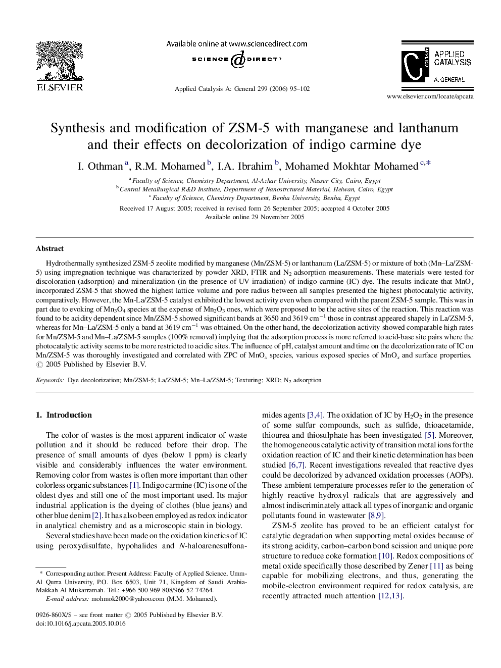 Synthesis and modification of ZSM-5 with manganese and lanthanum and their effects on decolorization of indigo carmine dye