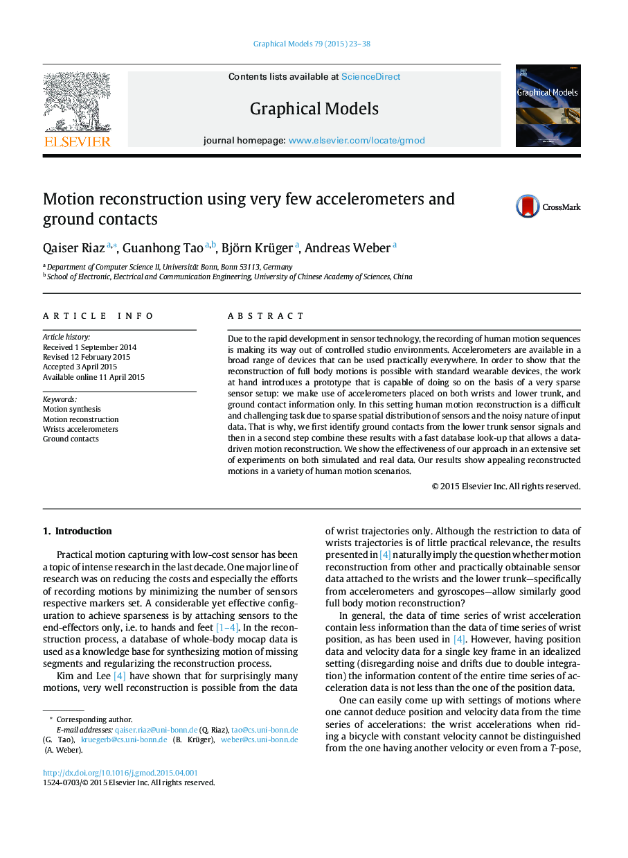 Motion reconstruction using very few accelerometers and ground contacts