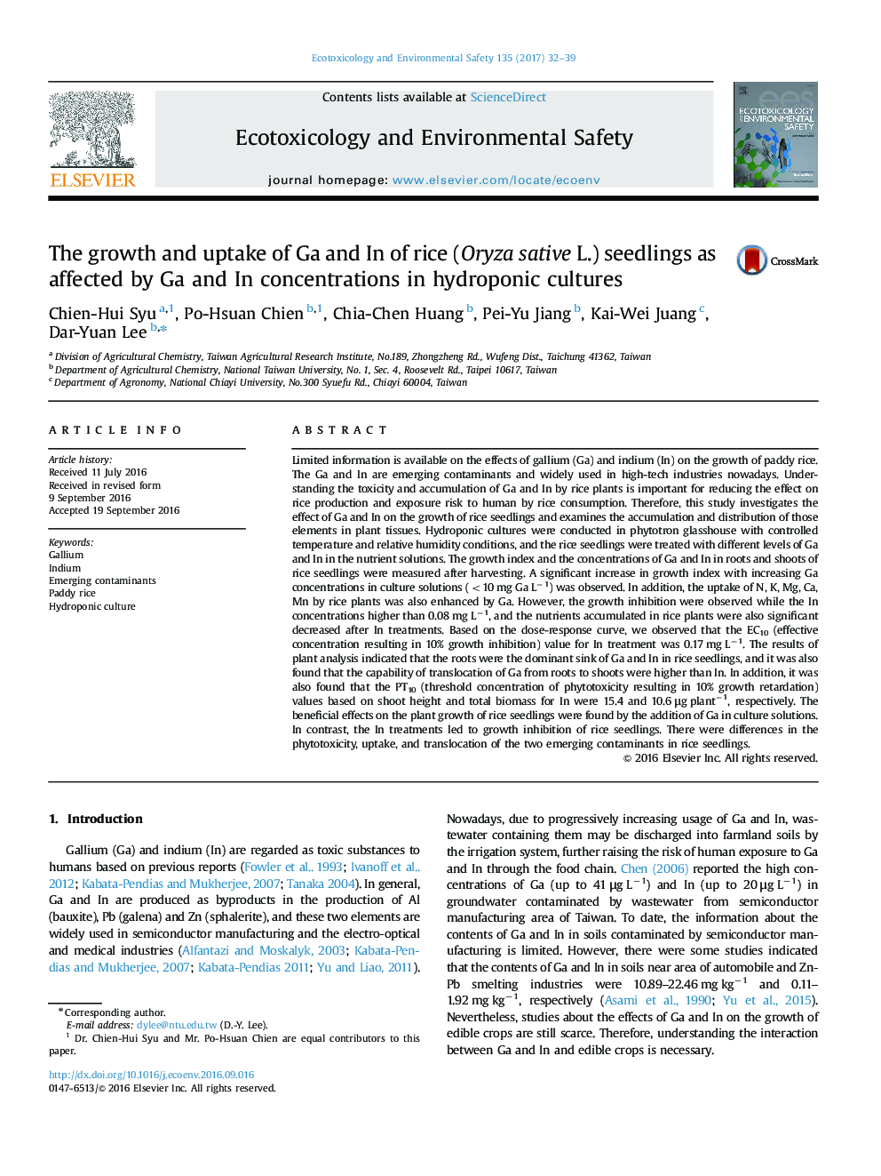 The growth and uptake of Ga and In of rice (Oryza sative L.) seedlings as affected by Ga and In concentrations in hydroponic cultures