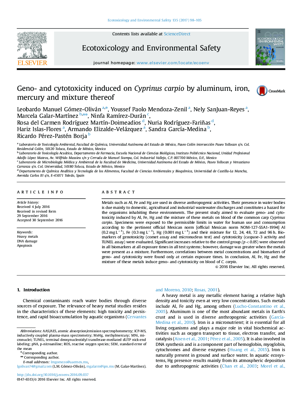 Geno- and cytotoxicity induced on Cyprinus carpio by aluminum, iron, mercury and mixture thereof