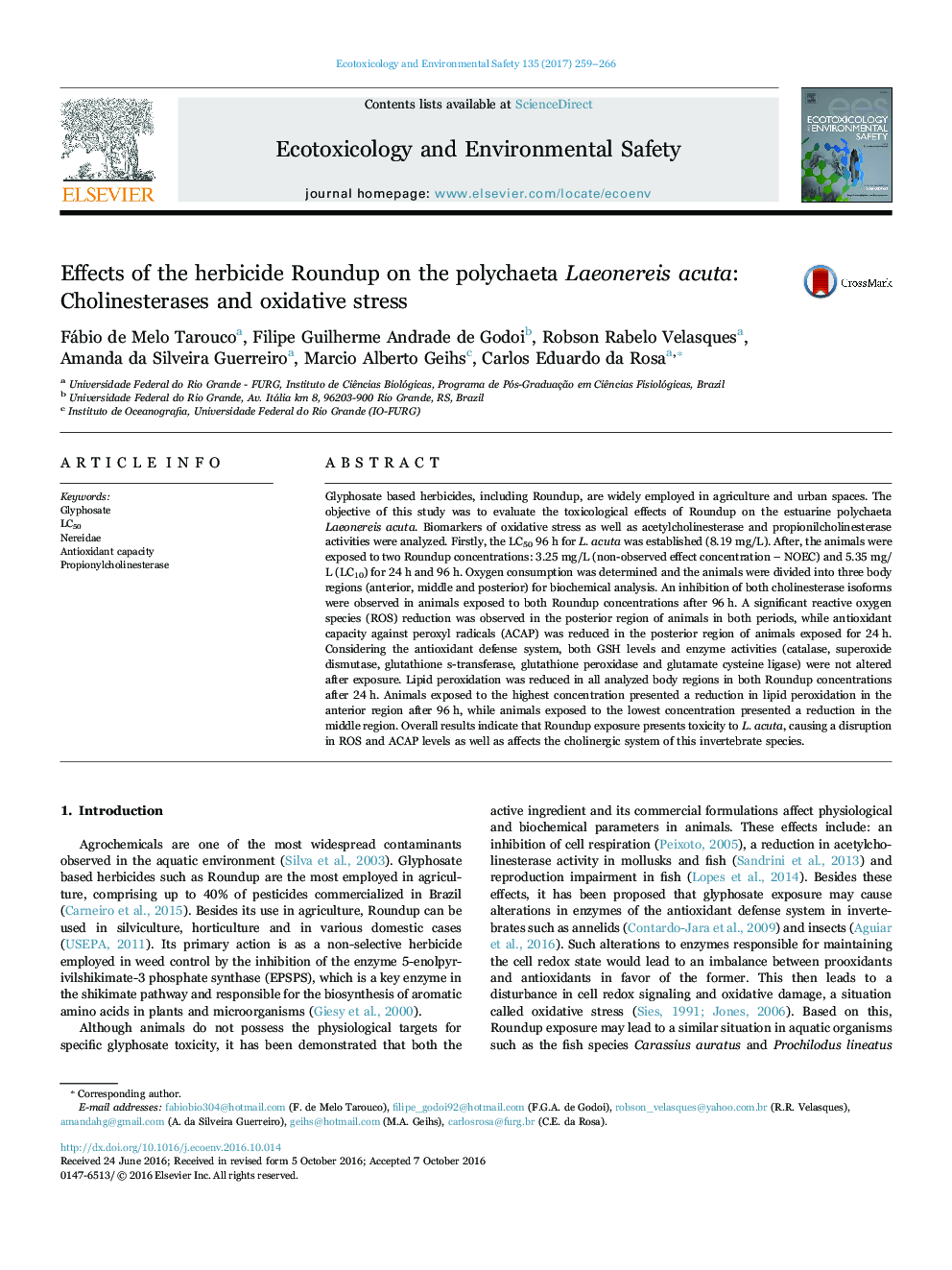 Effects of the herbicide Roundup on the polychaeta Laeonereis acuta: Cholinesterases and oxidative stress