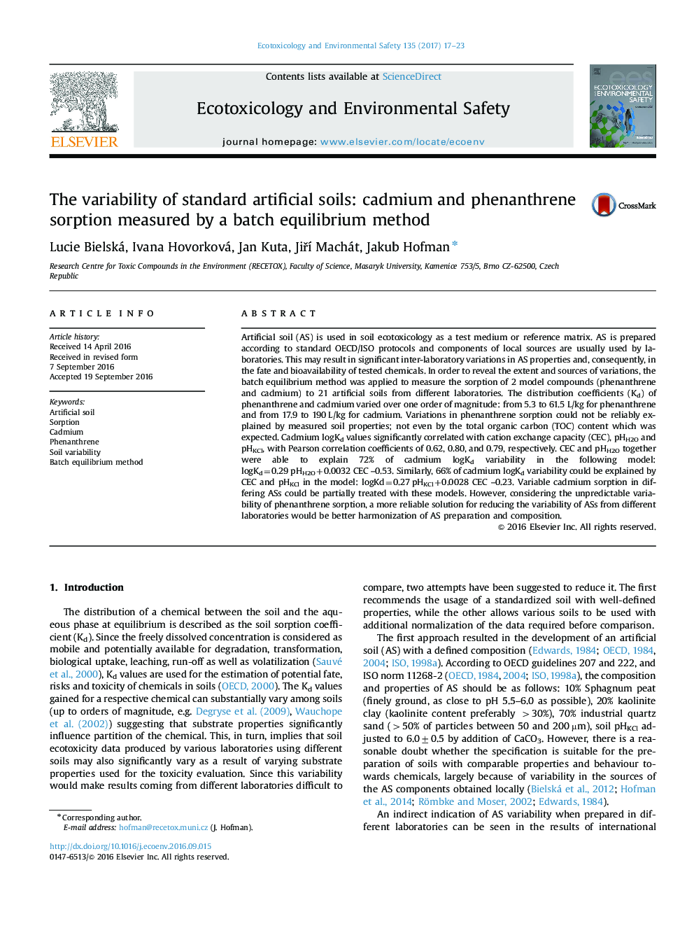 The variability of standard artificial soils: cadmium and phenanthrene sorption measured by a batch equilibrium method