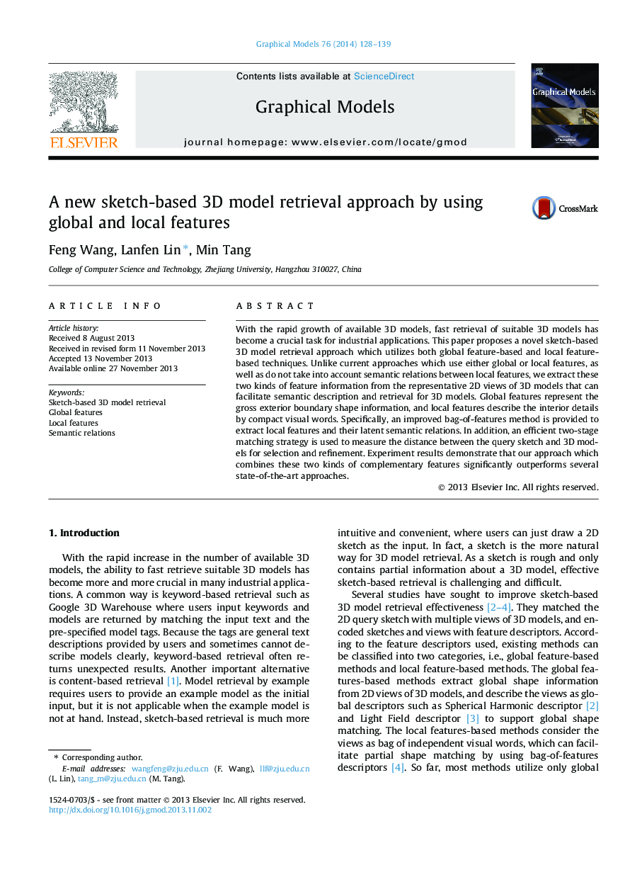 A new sketch-based 3D model retrieval approach by using global and local features