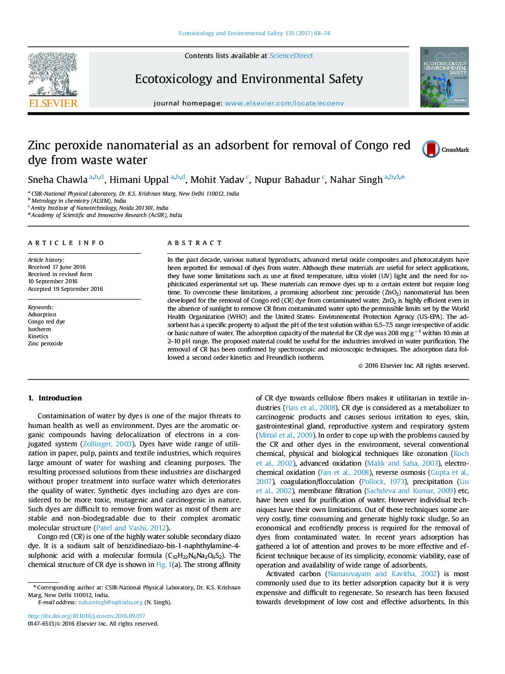 Zinc peroxide nanomaterial as an adsorbent for removal of Congo red dye from waste water