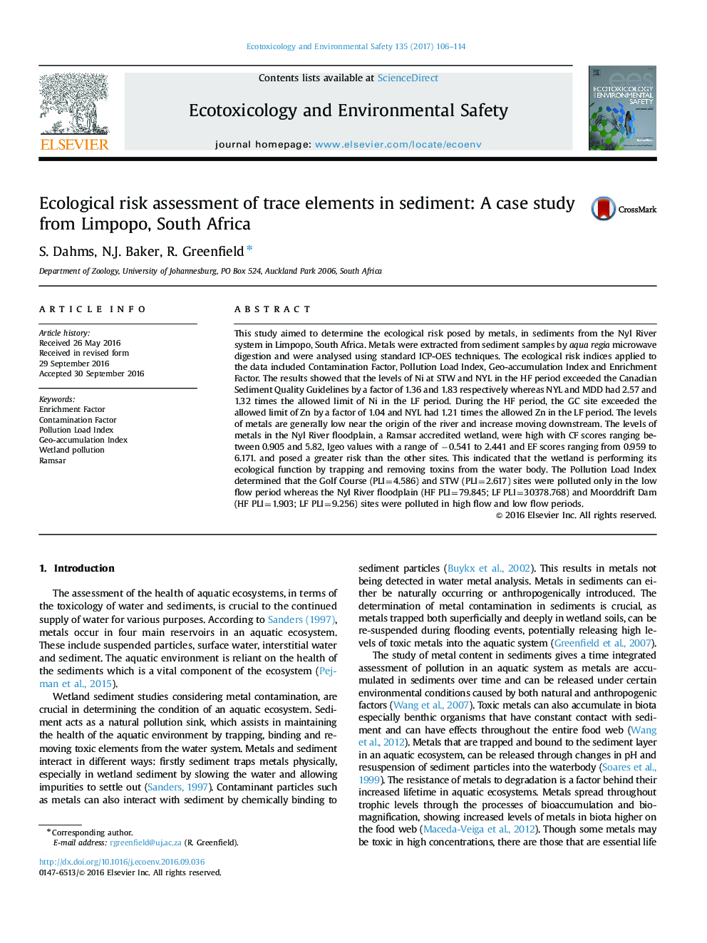 Ecological risk assessment of trace elements in sediment: A case study from Limpopo, South Africa