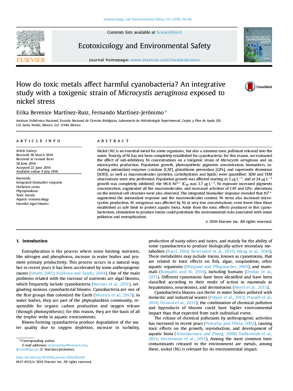 How do toxic metals affect harmful cyanobacteria? An integrative study with a toxigenic strain of Microcystis aeruginosa exposed to nickel stress