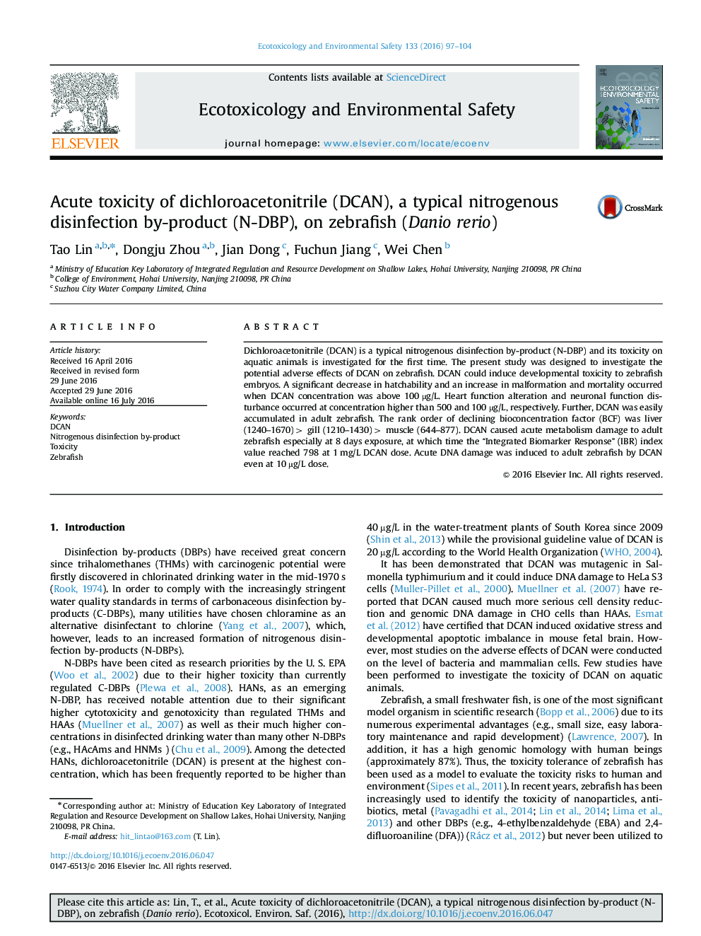 عکس صفحه اول مقاله: Acute toxicity of dichloroacetonitrile (DCAN), a typical nitrogenous disinfection by-product (N-DBP), on zebrafish (Danio rerio) Acute toxicity of dichloroacetonitrile (DCAN), a typical nitrogenous disinfection by-product (N-DBP), on zebrafish (Danio rerio)