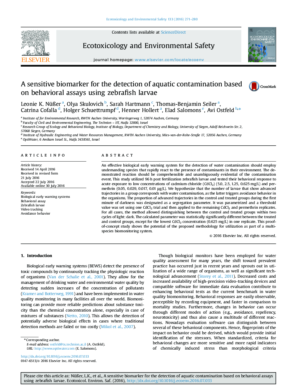 A sensitive biomarker for the detection of aquatic contamination based on behavioral assays using zebrafish larvae