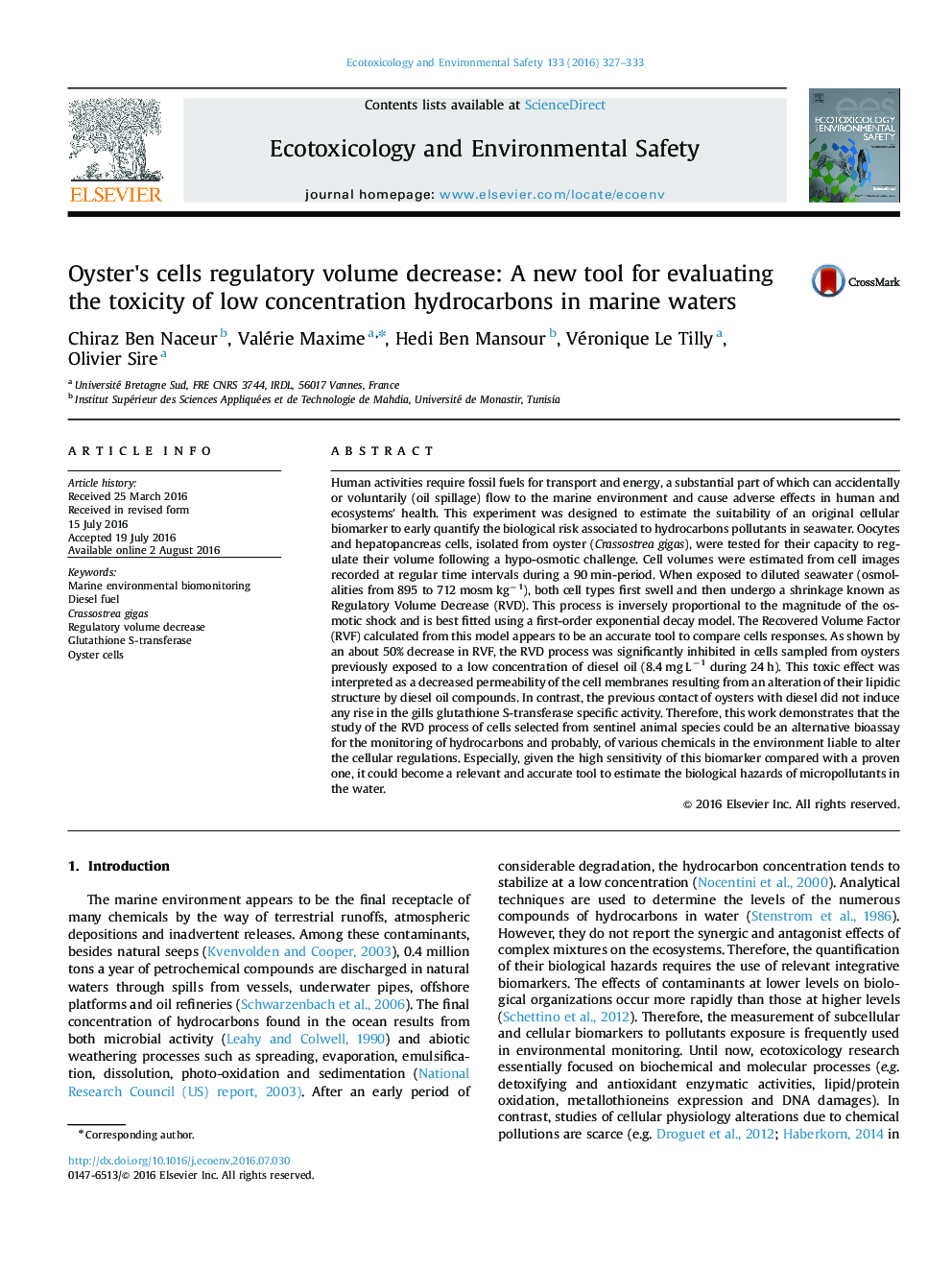 Oyster's cells regulatory volume decrease: A new tool for evaluating the toxicity of low concentration hydrocarbons in marine waters