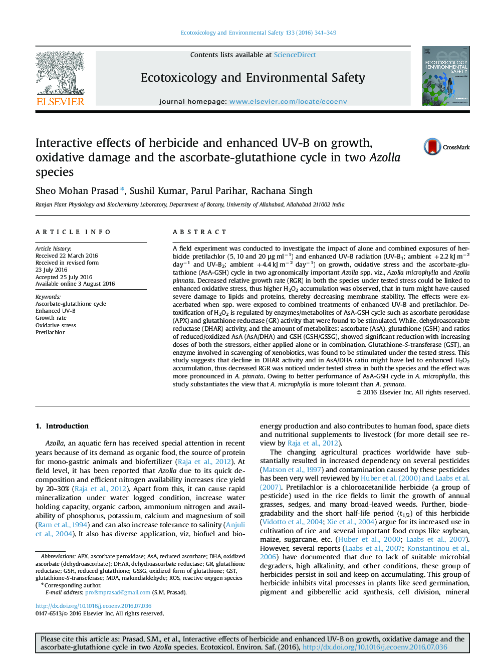 Interactive effects of herbicide and enhanced UV-B on growth, oxidative damage and the ascorbate-glutathione cycle in two Azolla species