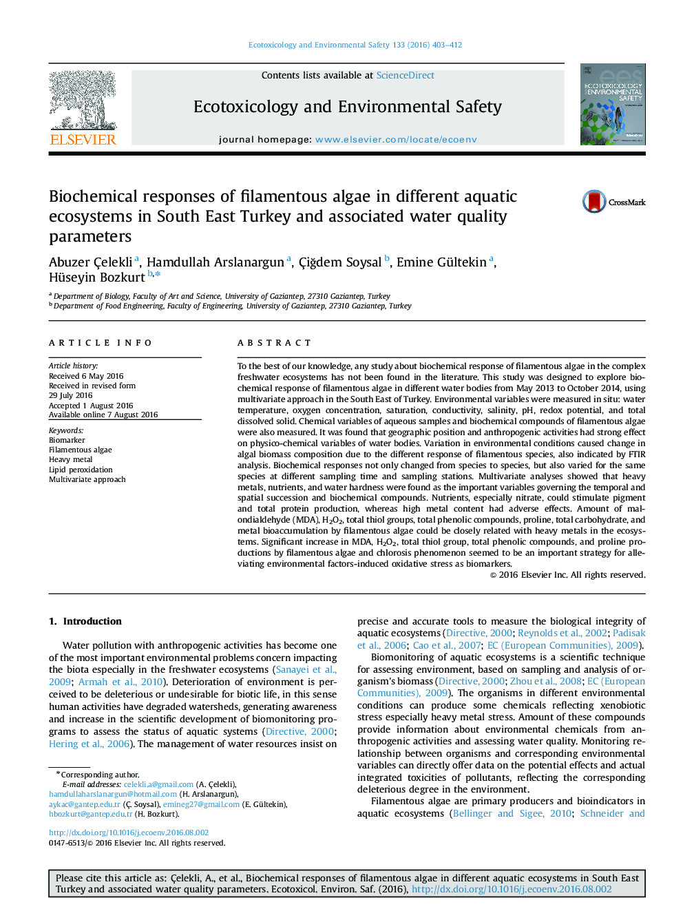 Biochemical responses of filamentous algae in different aquatic ecosystems in South East Turkey and associated water quality parameters
