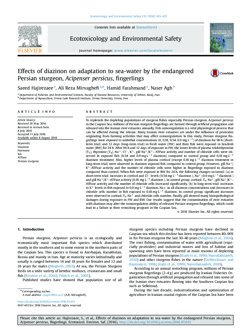 Effects of diazinon on adaptation to sea-water by the endangered Persian sturgeon, Acipenser persicus, fingerlings