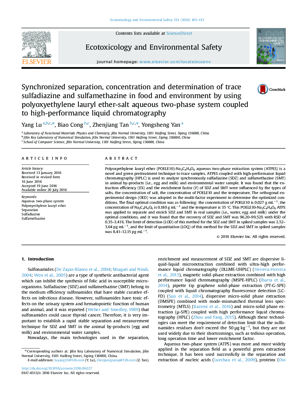 Synchronized separation, concentration and determination of trace sulfadiazine and sulfamethazine in food and environment by using polyoxyethylene lauryl ether-salt aqueous two-phase system coupled to high-performance liquid chromatography