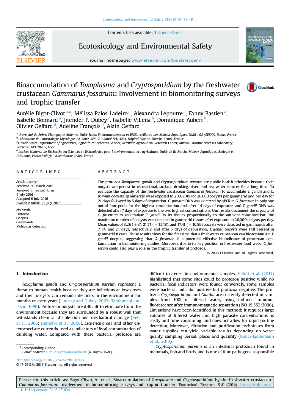 Bioaccumulation of Toxoplasma and Cryptosporidium by the freshwater crustacean Gammarus fossarum: Involvement in biomonitoring surveys and trophic transfer