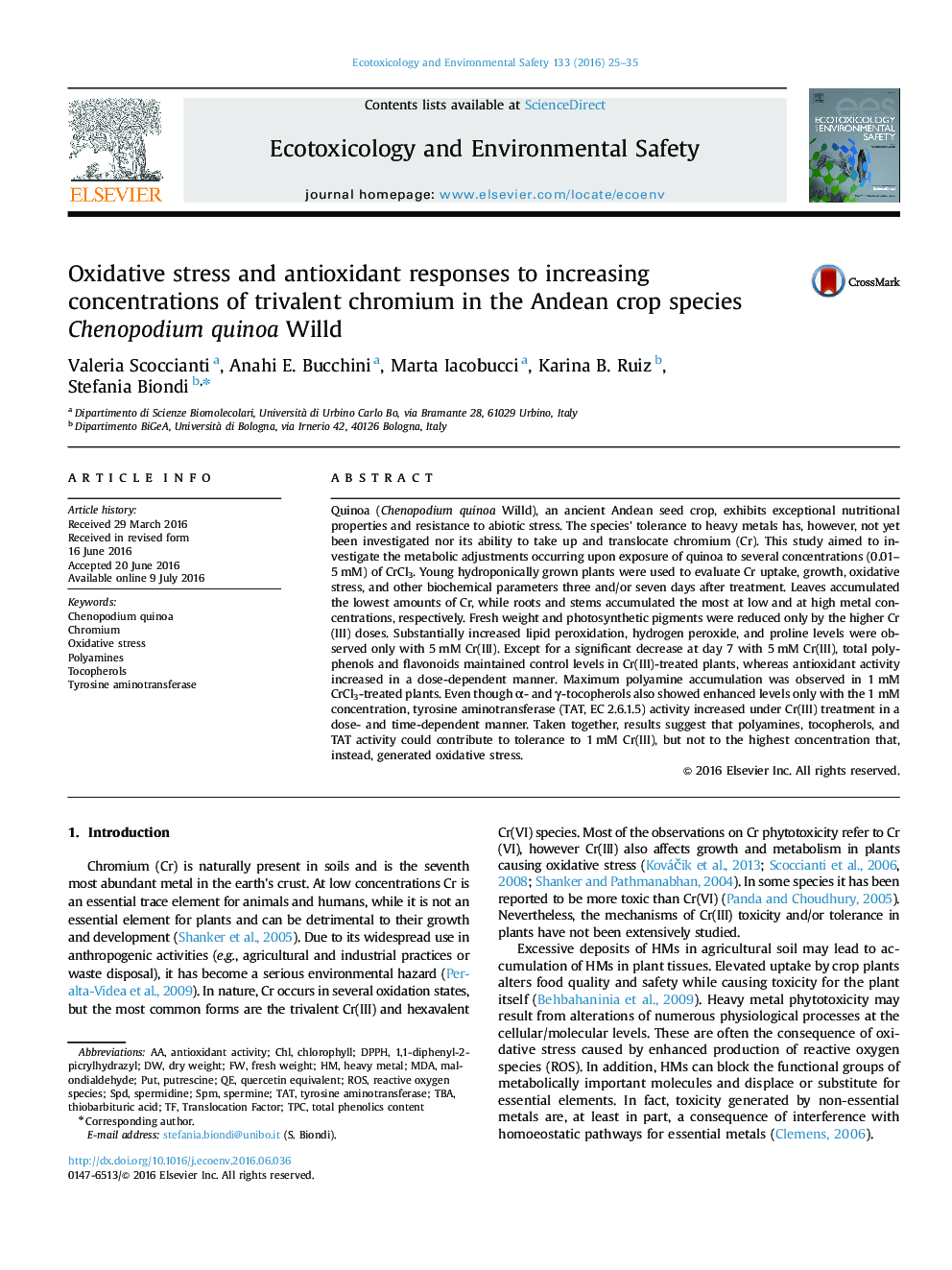 Oxidative stress and antioxidant responses to increasing concentrations of trivalent chromium in the Andean crop species Chenopodium quinoa Willd