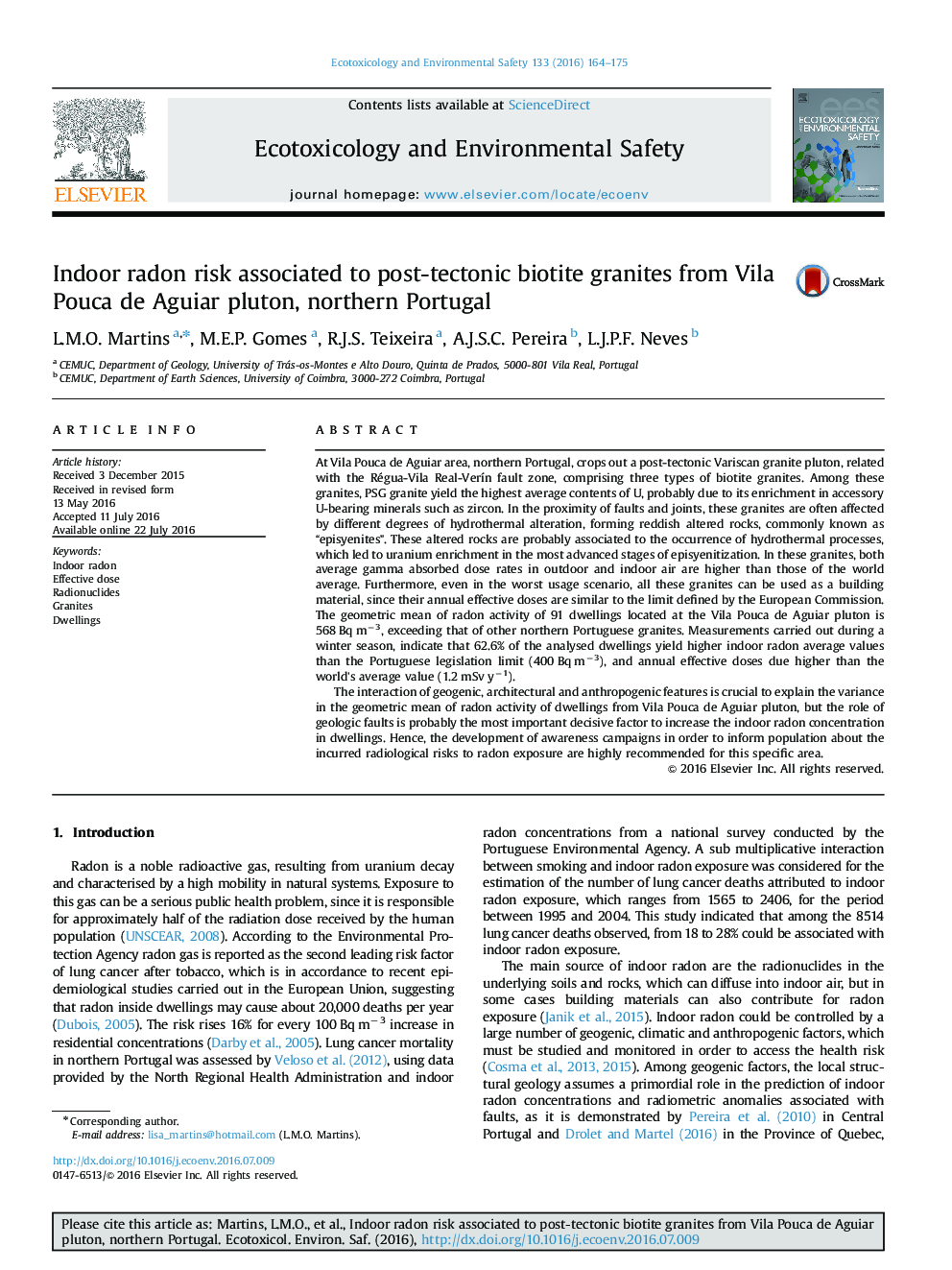 Indoor radon risk associated to post-tectonic biotite granites from Vila Pouca de Aguiar pluton, northern Portugal