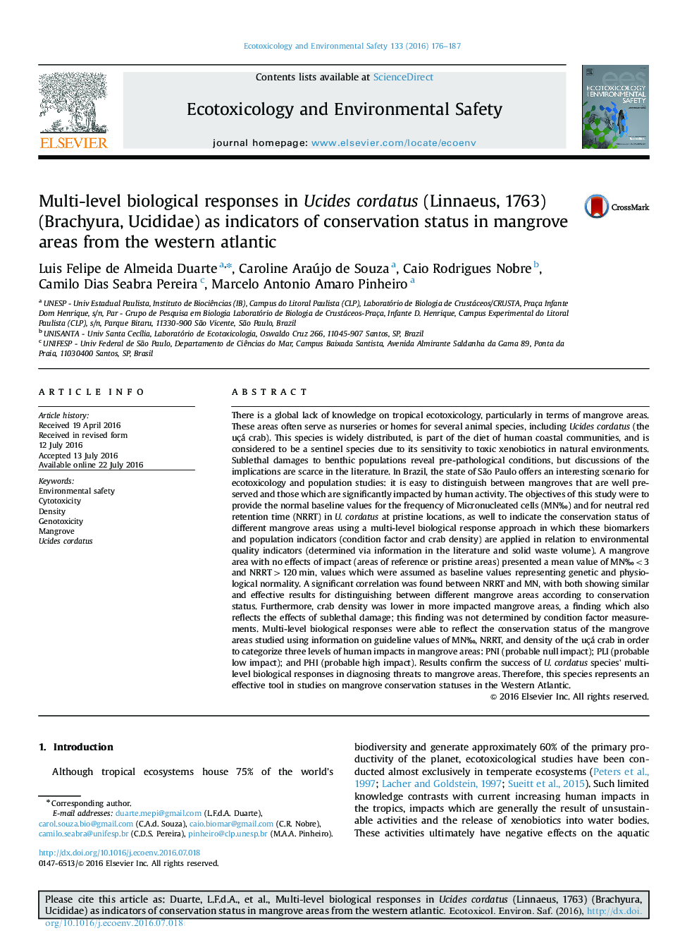Multi-level biological responses in Ucides cordatus (Linnaeus, 1763) (Brachyura, Ucididae) as indicators of conservation status in mangrove areas from the western atlantic