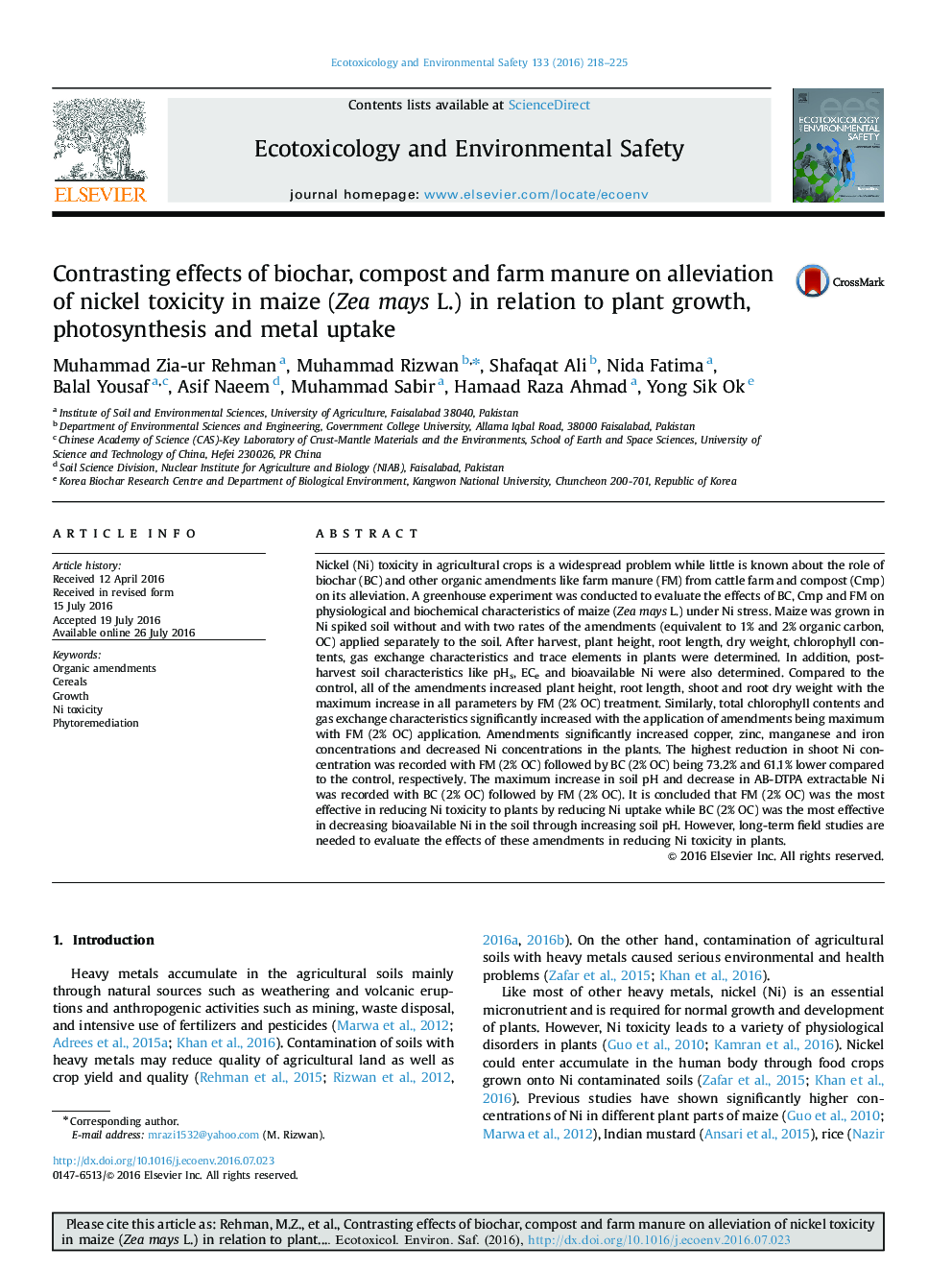 Contrasting effects of biochar, compost and farm manure on alleviation of nickel toxicity in maize (Zea mays L.) in relation to plant growth, photosynthesis and metal uptake