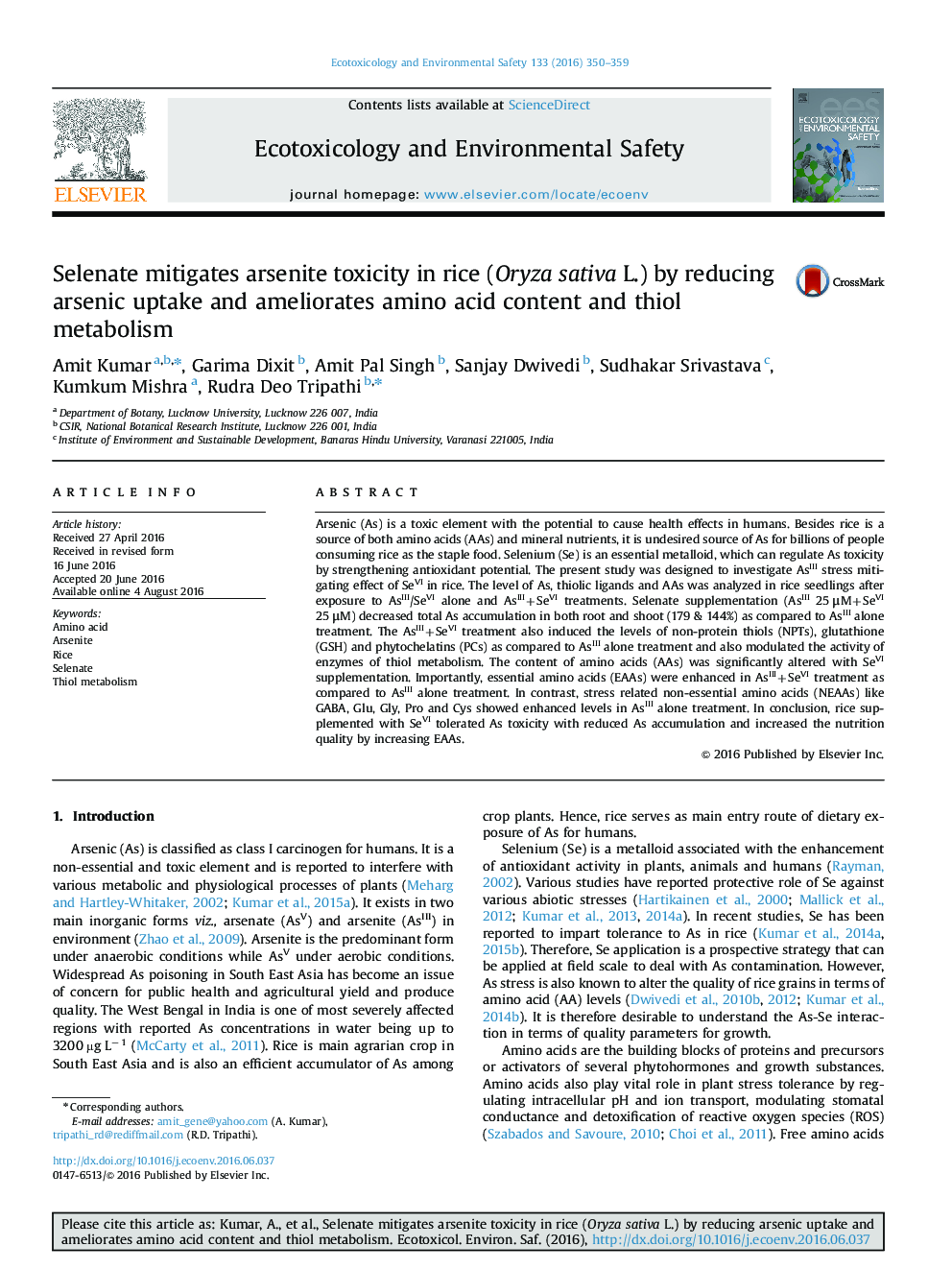 Selenate mitigates arsenite toxicity in rice (Oryza sativa L.) by reducing arsenic uptake and ameliorates amino acid content and thiol metabolism