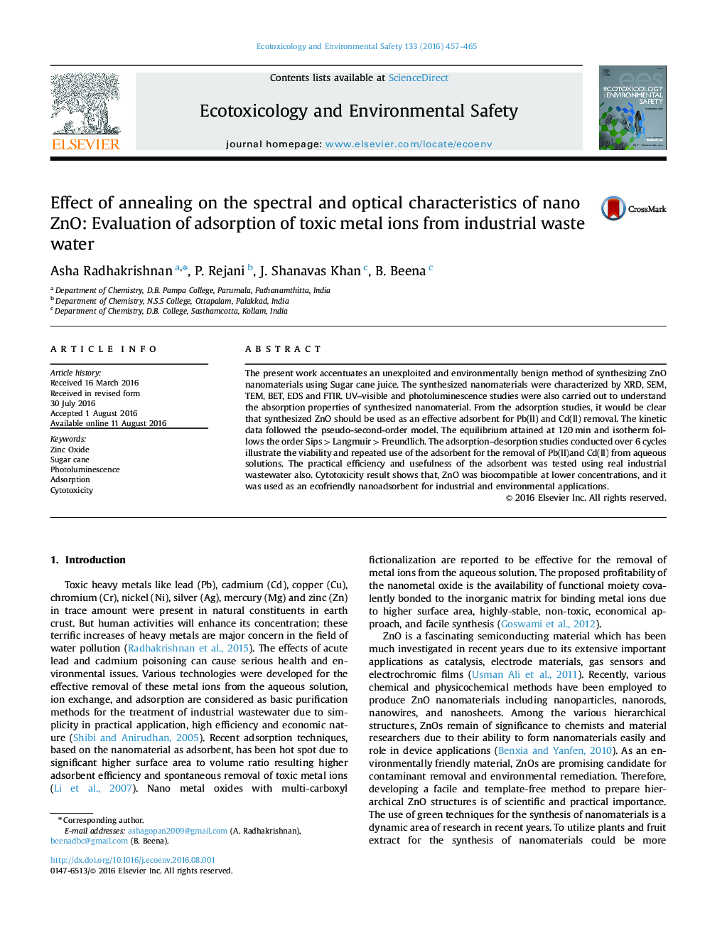 Effect of annealing on the spectral and optical characteristics of nano ZnO: Evaluation of adsorption of toxic metal ions from industrial waste water