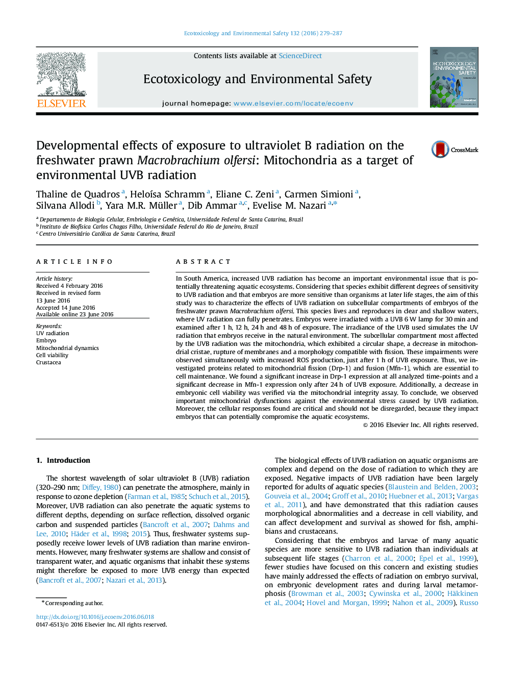 Developmental effects of exposure to ultraviolet B radiation on the freshwater prawn Macrobrachium olfersi: Mitochondria as a target of environmental UVB radiation