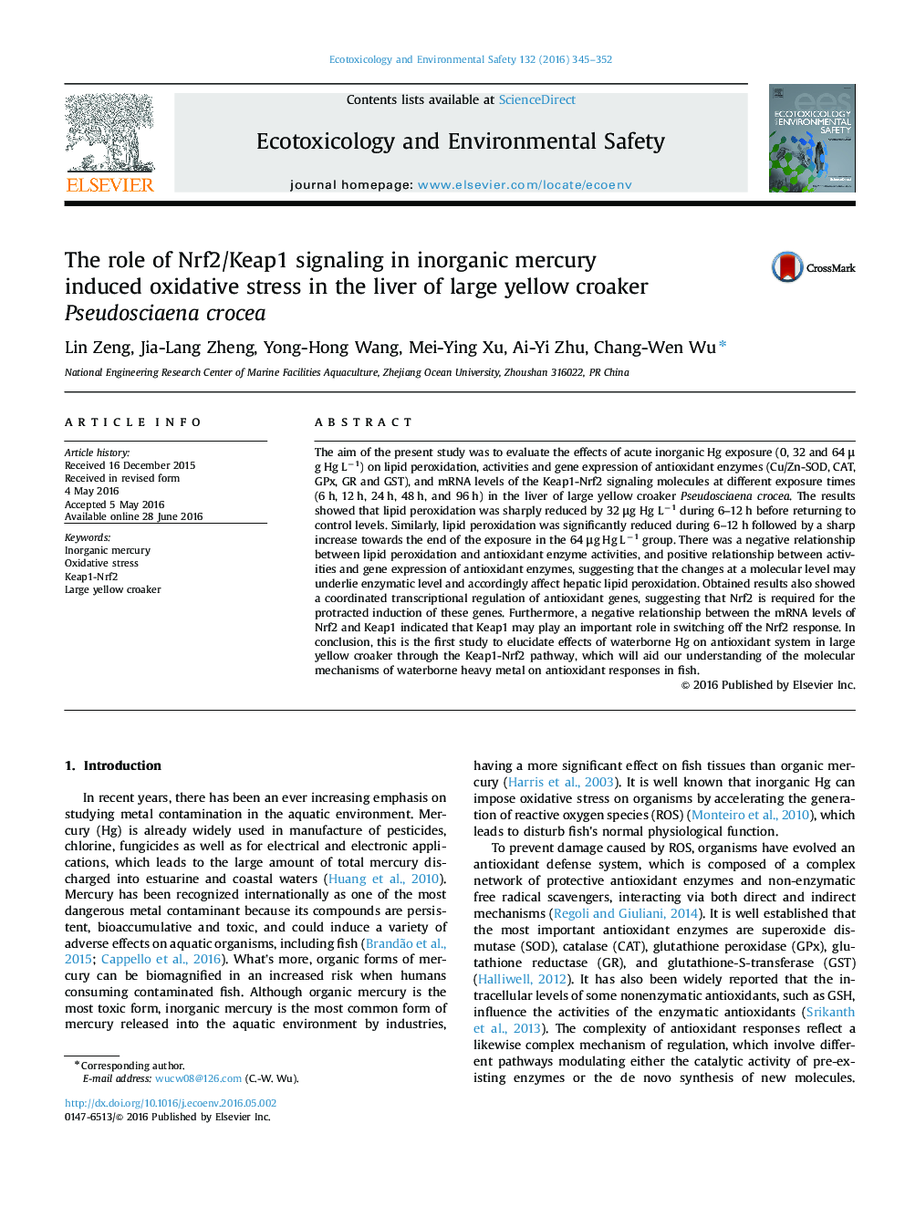 The role of Nrf2/Keap1 signaling in inorganic mercury induced oxidative stress in the liver of large yellow croaker Pseudosciaena crocea