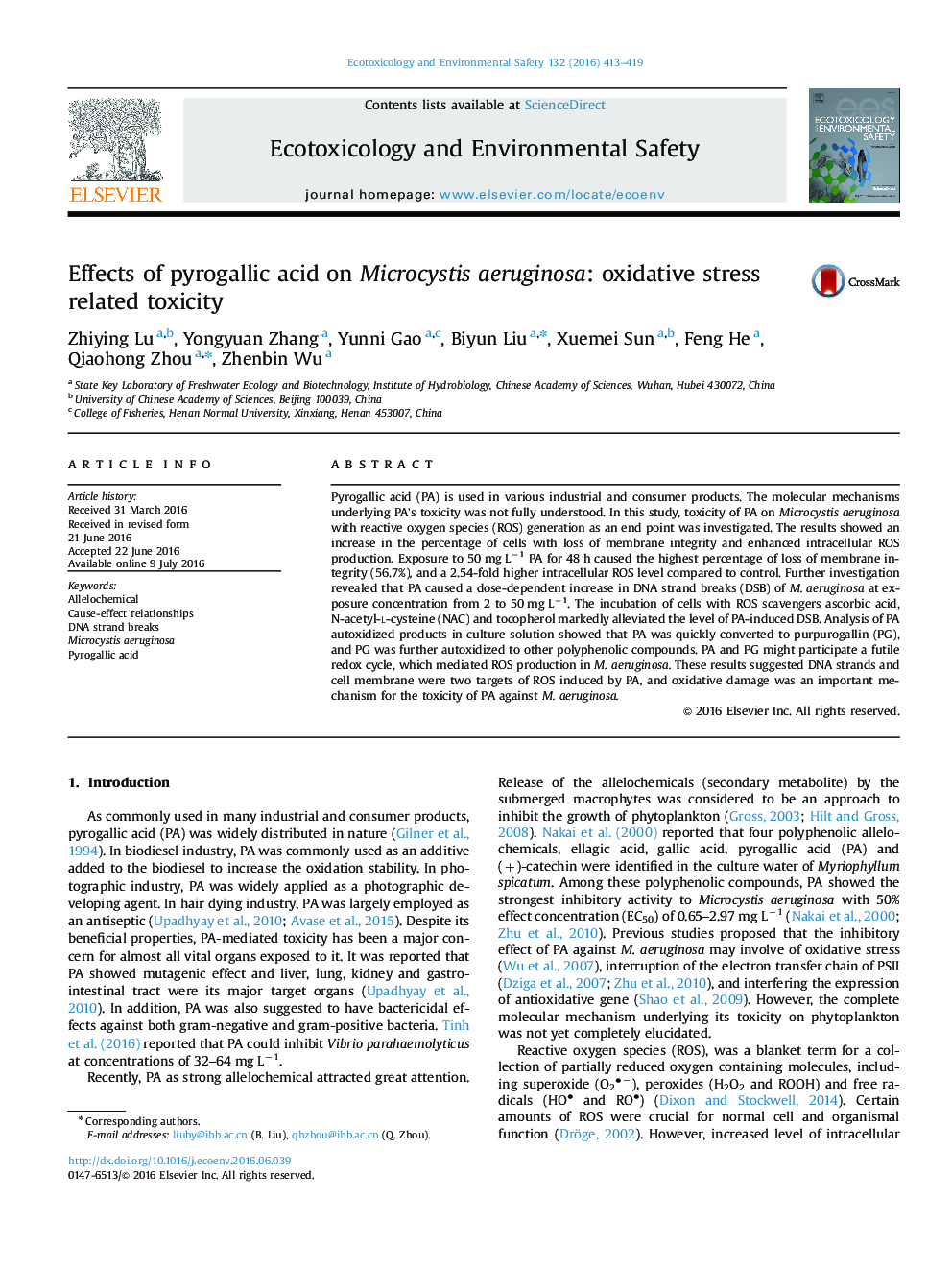 اثر اسید pyrogallic بر Microcystis آئروژینوزا: سمیت مربوط به استرس اکسیداتیو