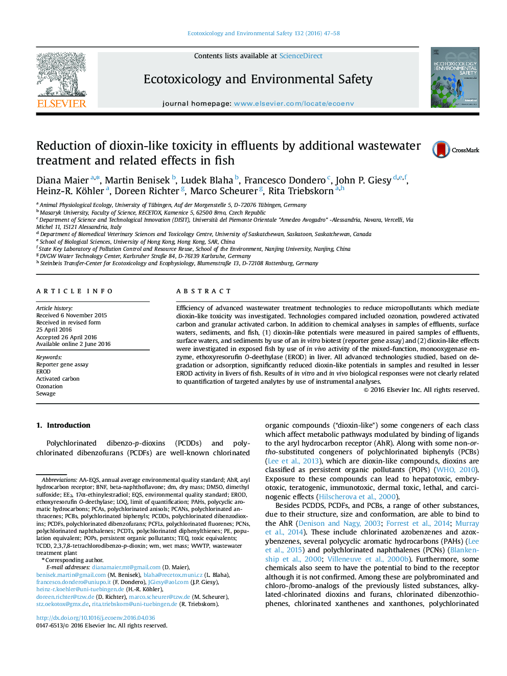 کاهش سمیت دیوکسین مشابه در پساب ها توسط تصفیه فاضلاب اضافی و اثرات مرتبط با آن در ماهی 