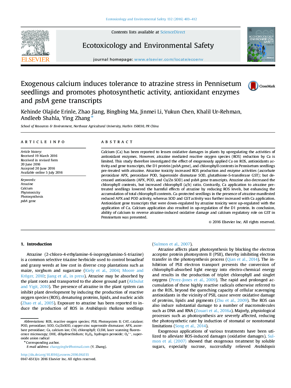 Exogenous calcium induces tolerance to atrazine stress in Pennisetum seedlings and promotes photosynthetic activity, antioxidant enzymes and psbA gene transcripts