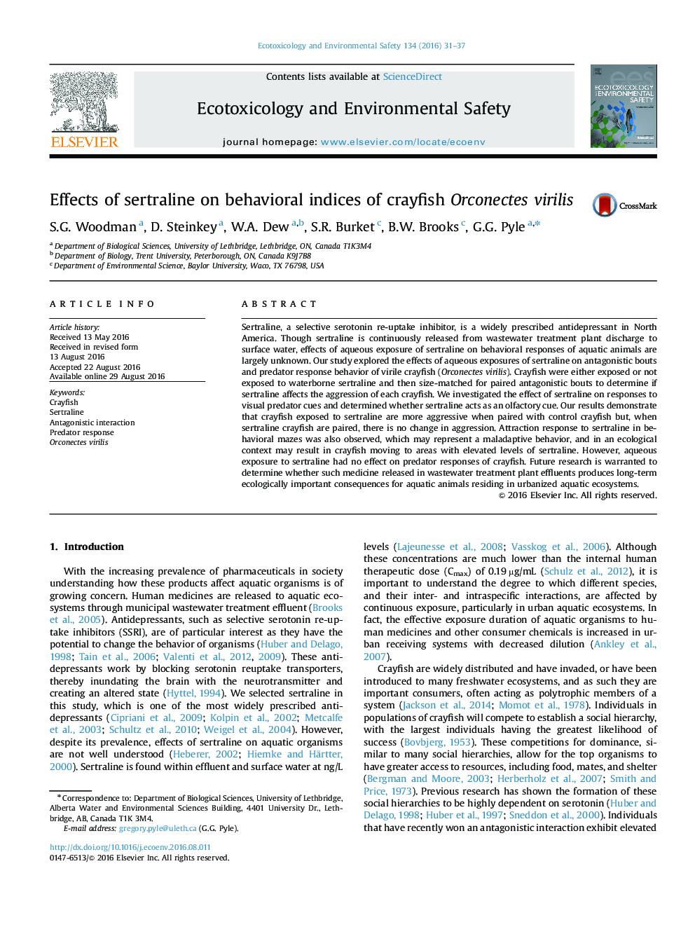 Effects of sertraline on behavioral indices of crayfish Orconectes virilis