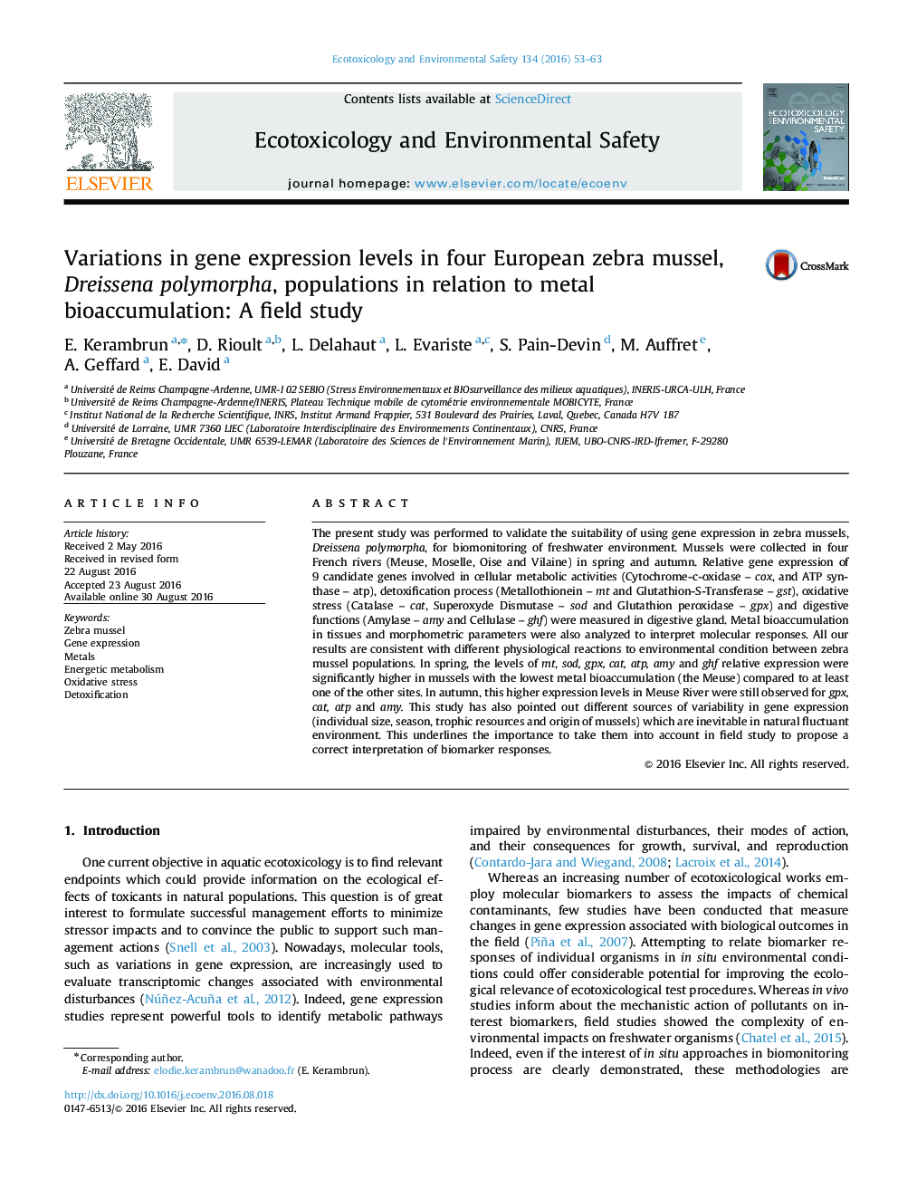 Variations in gene expression levels in four European zebra mussel, Dreissena polymorpha, populations in relation to metal bioaccumulation: A field study